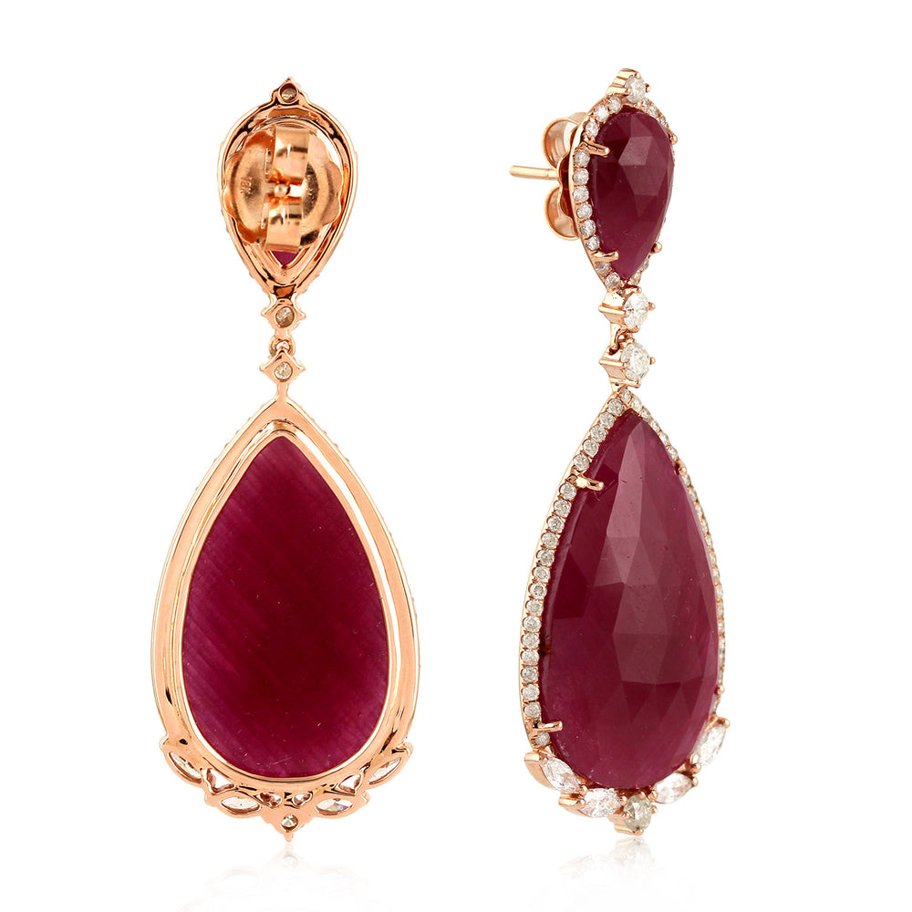 18K Solid Rose Gold Pear Cut Ruby Beautiful Dangler Natural Rose Cut Diamond Jewelry Gifts