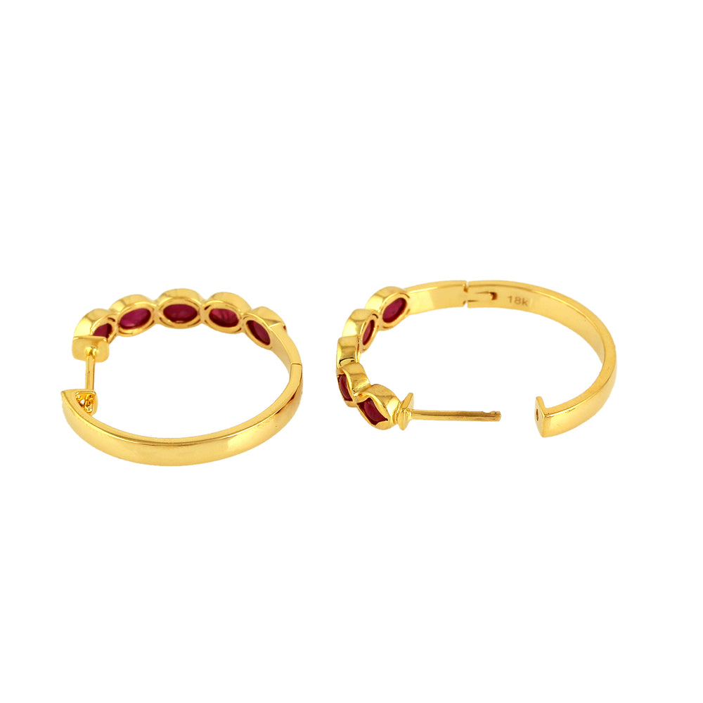 Oval Cut Ruby July Gemstone Designer Hoop Earrings In Yellow Gold