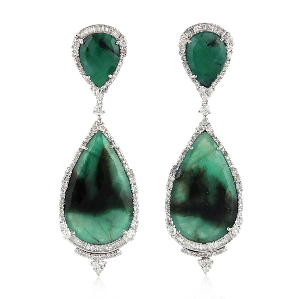 Natural Pear Cut Emerald Beautiful Dangler Baguette Diamond 18K White Gold Jewelry