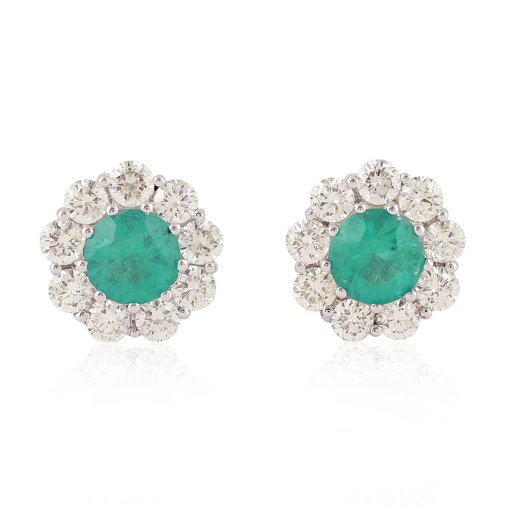 18K Solid White Gold Round Emerald Prong Diamond Flower Stud Jewelry For Her