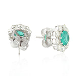 18K Solid White Gold Round Emerald Prong Diamond Flower Stud Jewelry For Her