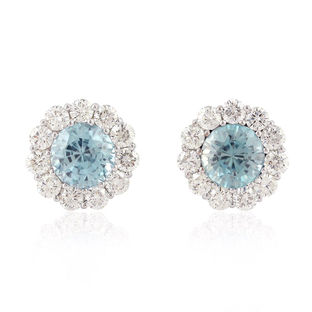 Blue Zirconia & Diamond Floral Halo Stud Earrings in 18K White Gold