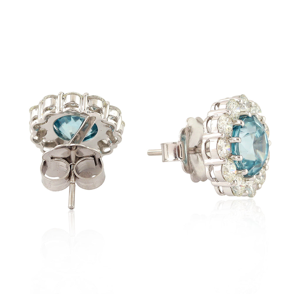 Blue Zirconia & Diamond Floral Halo Stud Earrings in 18K White Gold