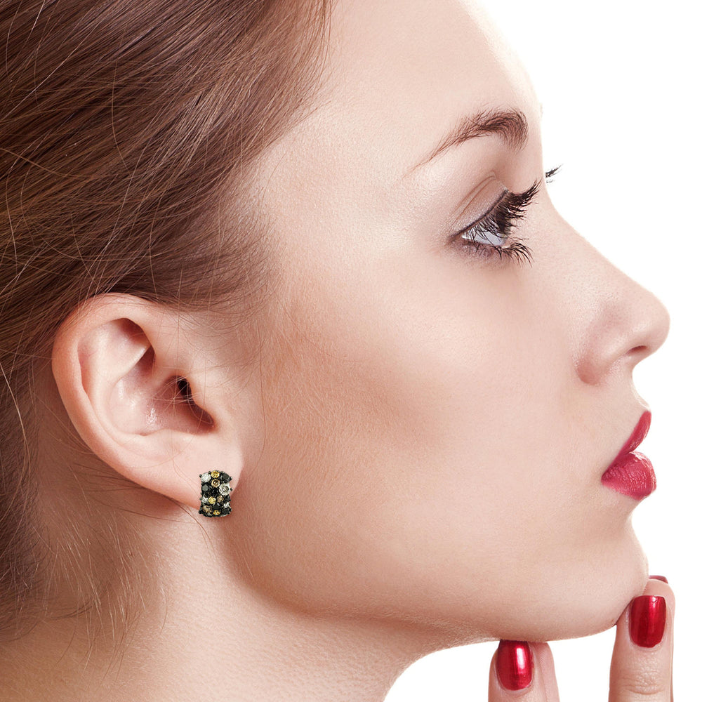 Multi-Color Diamond Cluster Huggie Earrings in 18K Rhodium Gold