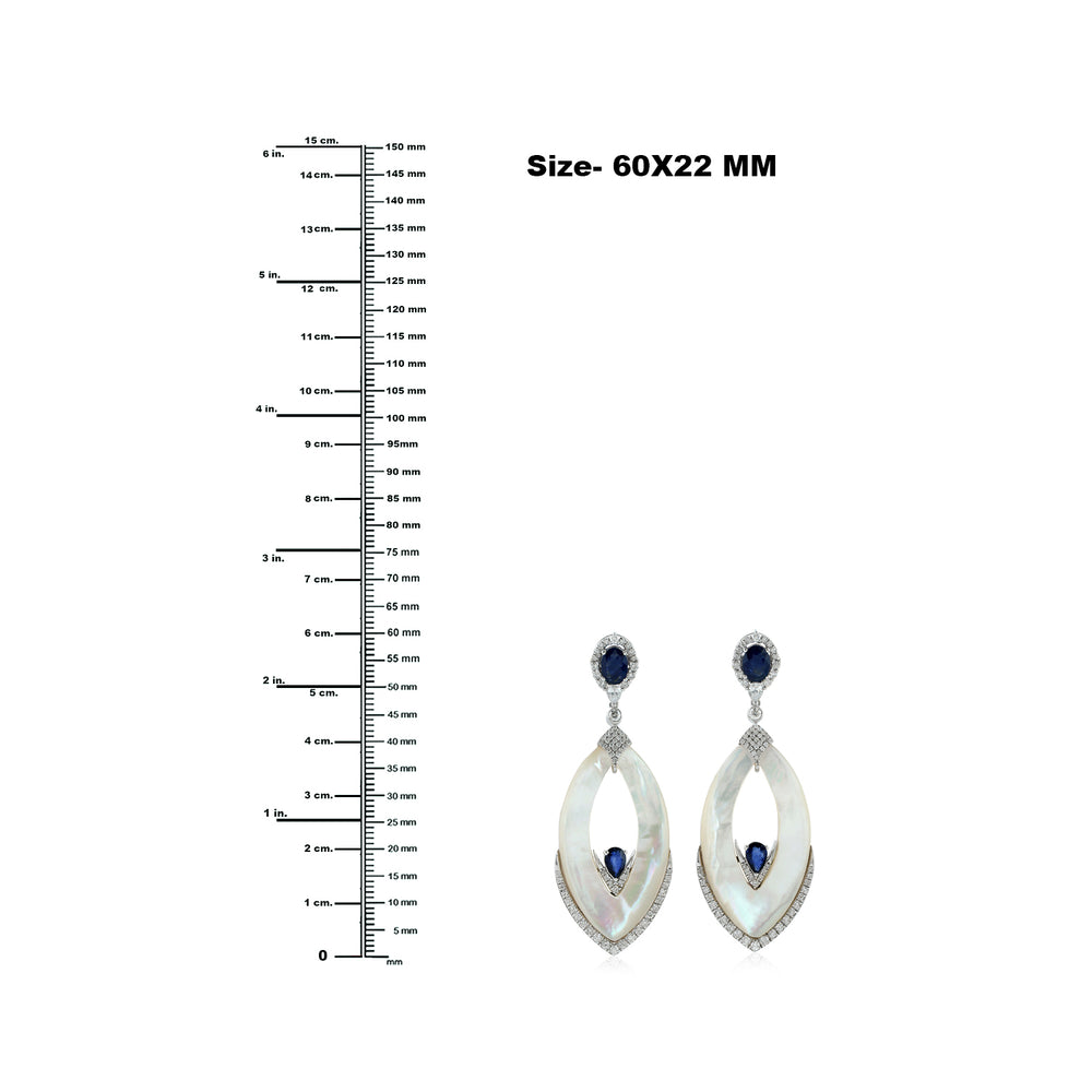 MOP Prong Blue Sapphire Pave Diamond Marquise Dangler In 18K White Gold