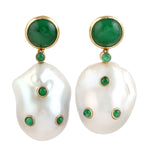 Natural Pearl Chinese Bezel Set Emerald Drop Dangle Earrings Jewelry In 18k Yellow Gold