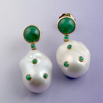 Natural Pearl Chinese Bezel Set Emerald Drop Dangle Earrings Jewelry In 18k Yellow Gold