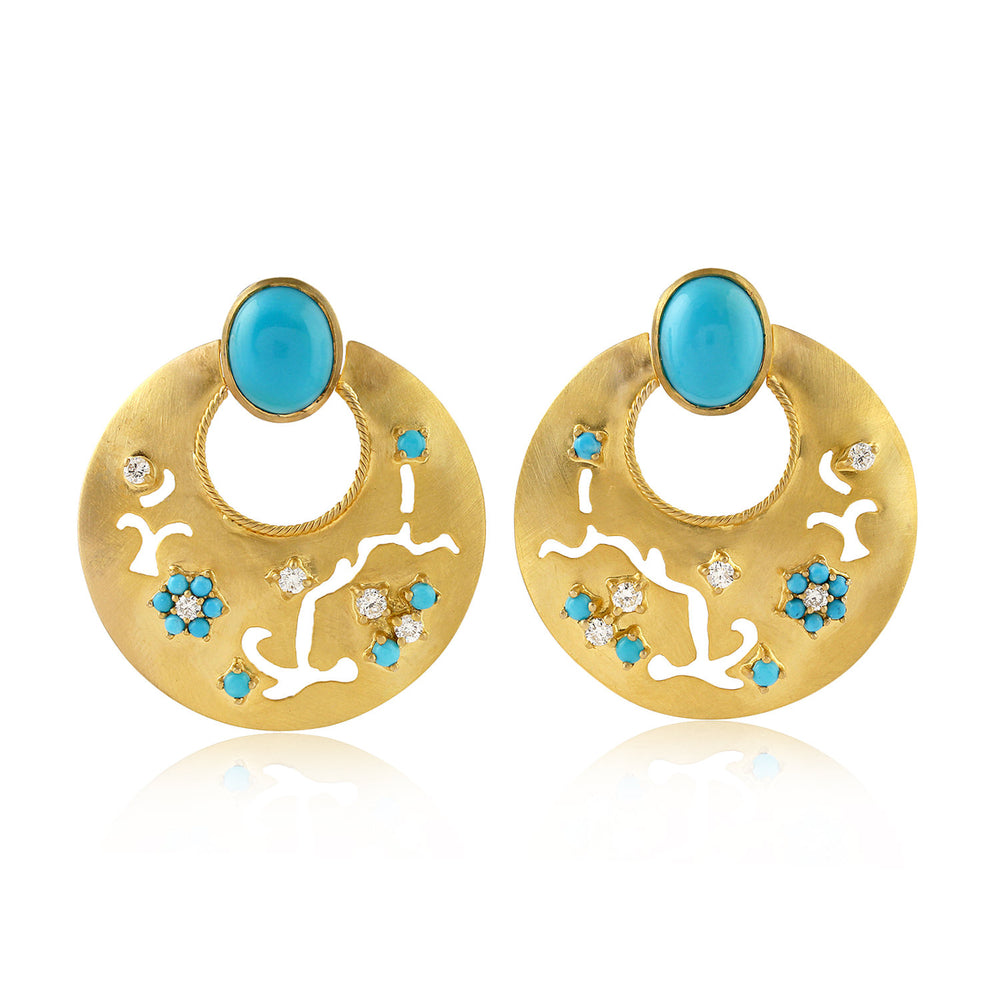 Oval Round Turquoise December Birthstone Bezel Diamond Blossom Veil 18K Gold Front and Back Earrings