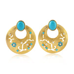 Oval Round Turquoise December Birthstone Bezel Diamond Blossom Veil 18K Gold Front and Back Earrings