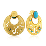 Oval Round Turquoise December Birthstone Bezel Diamond Blossom Veil 18K Gold Front and Back Earrings