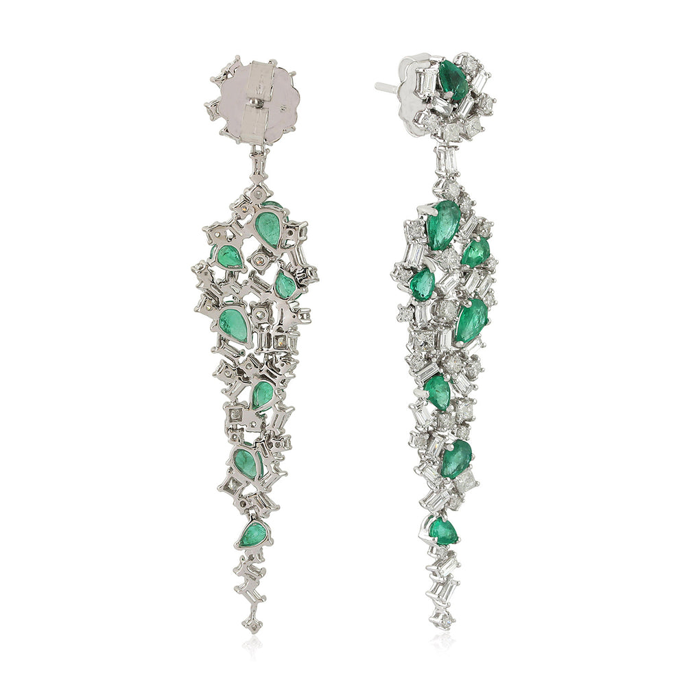 Pear Cut Emerald Baguette Cut Diamond Cluster Earrings In 18K White Gold