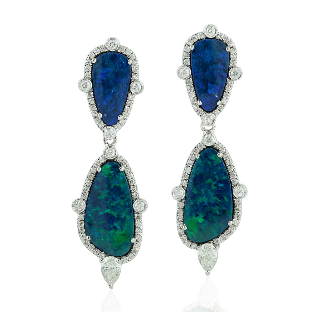 Oval Cut Opal Doublet Bezel Set Diamond Designer Earrings In 18K White Gold Jewelry For Her