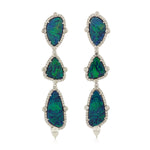 18K White Gold Triple Tier Opal Doublet Gemstone Micro Pave Diamond Danglers Jewelry