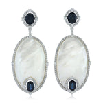 Oval Sapphire Fancy MOP Prong Diamond 18K White Gold Designer Dangler Earrings