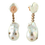 Natural Tumble Pearl Chiness Bezel Diamond Dangle Earrings Handmade Jewelry In 18K Rose Gold