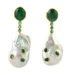 Natural Tumble Pearl Chiness Bezel Oval Emerald Dangle Earrings Jewelry In 18K Yellow Gold