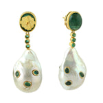 Natural Tumble Pearl Chiness Bezel Oval Emerald Dangle Earrings Jewelry In 18K Yellow Gold