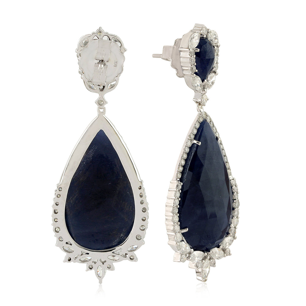 Natural Blue Sapphire Drop Dangler Rose Cut Diamond Made In 18K White Gold Jewelry For Her