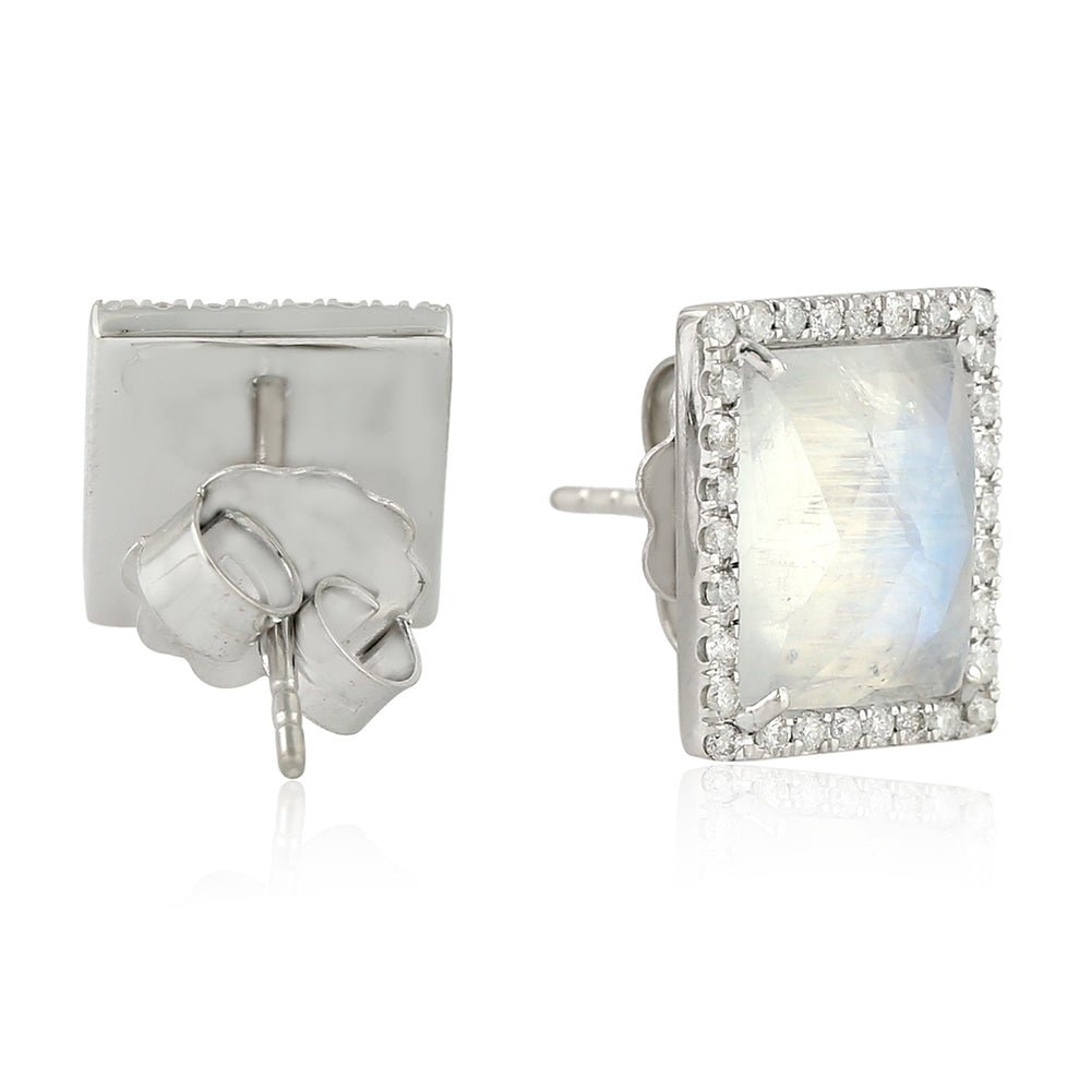 Baguette Moonstone Prong Natural Diamond Stud 18K White Gold Fine Jewelry