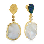 Flat Pearl Chiness Prong Opal Doublet Bezel Diamond Antique Dangler In 18K Solid Gold Jewelry