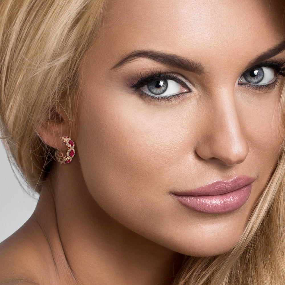 Oval Cut Ruby Pave Diamond Designer Hoop Earrings In 14K Rose Gold