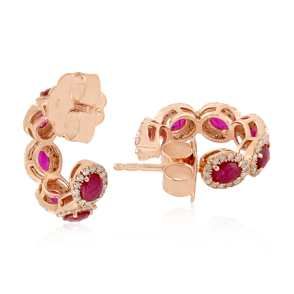 Oval Cut Ruby Pave Diamond Designer Hoop Earrings In 14K Rose Gold