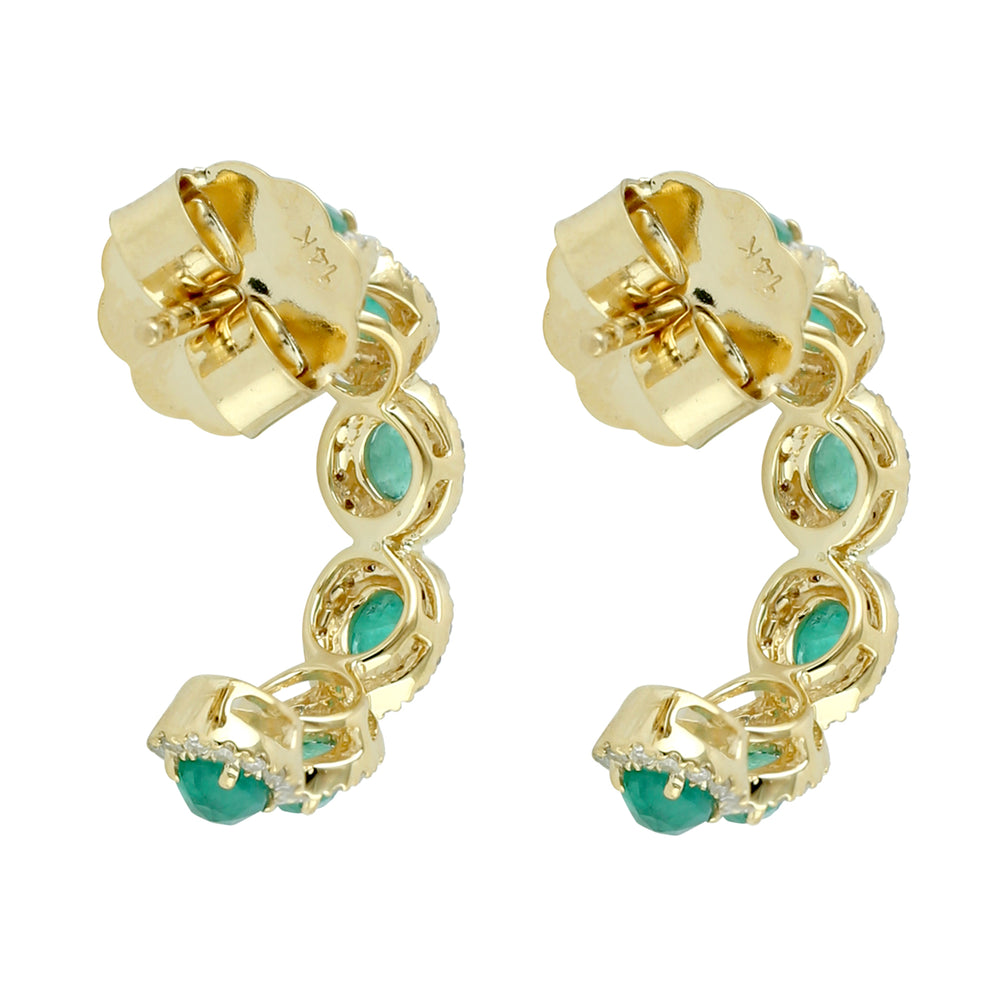 Oval Cut Emerald Gemstone Half Hoop Earrings with Pave Diamonds in 18K Yellow Gold – Elegant Gift for Her