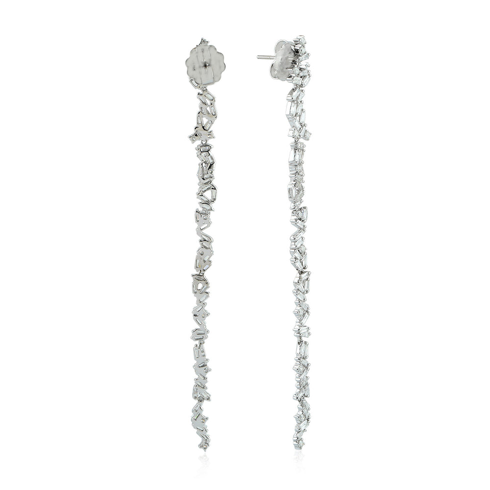 18K White Gold Natural Baguette Diamond Long Dangler Earrings Fashion Jewelry