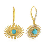 Natural Round Turquoise Prong Baguette Diamond Evil Eye Dangler 18k Yellow Gold Jewelry