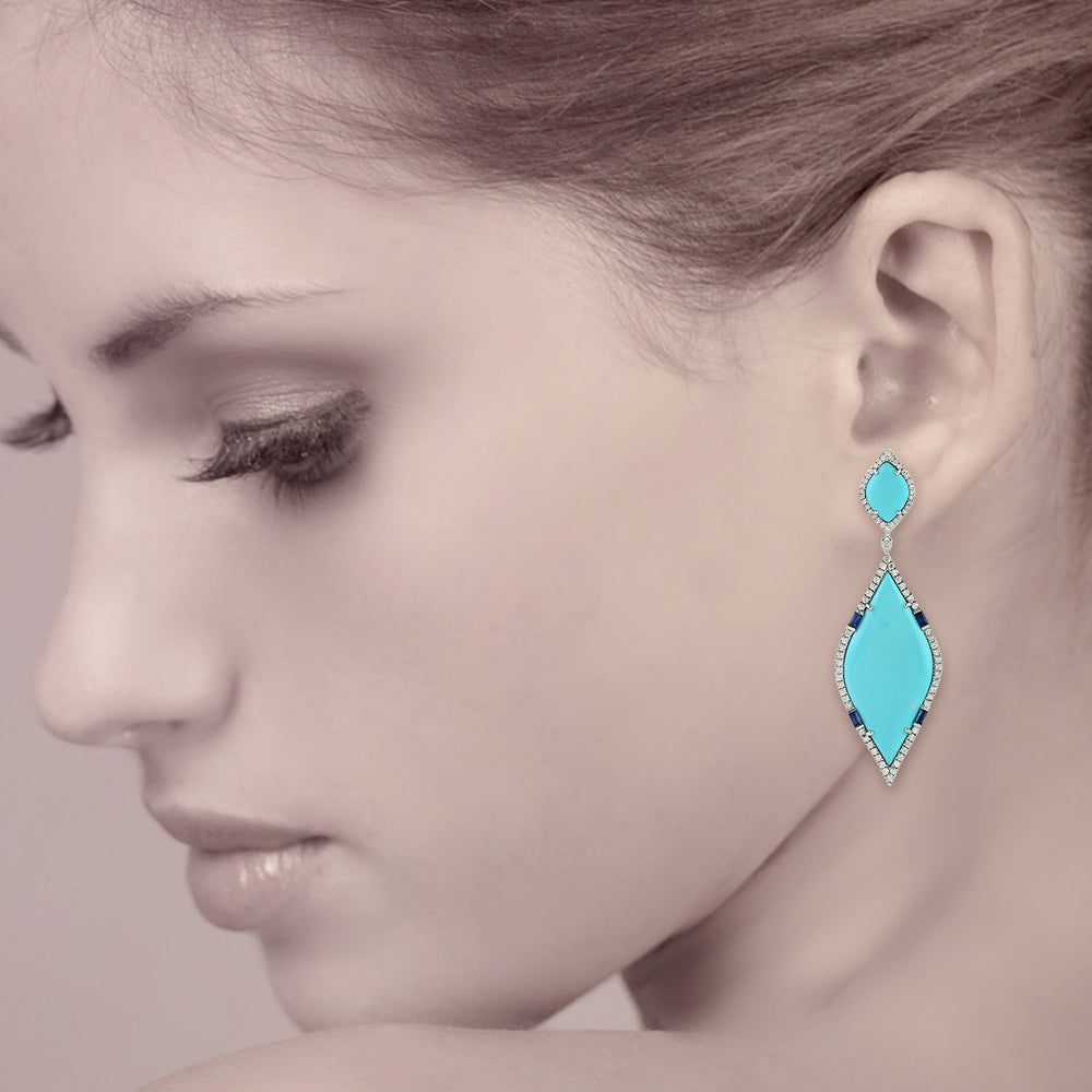 Baguette Blue Sapphire Turquoise Gemstone Pave Diamond Marquise Dangler In White Gold