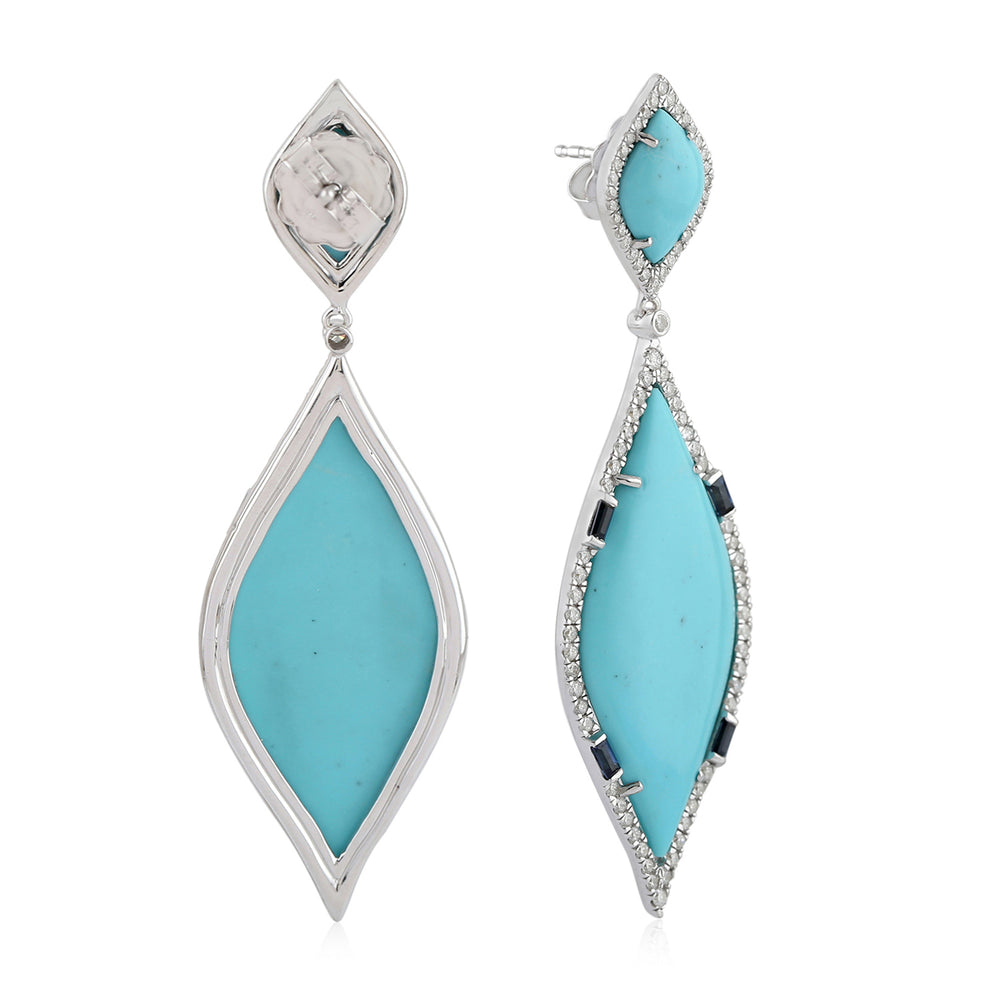 Baguette Blue Sapphire Turquoise Gemstone Pave Diamond Marquise Dangler In White Gold