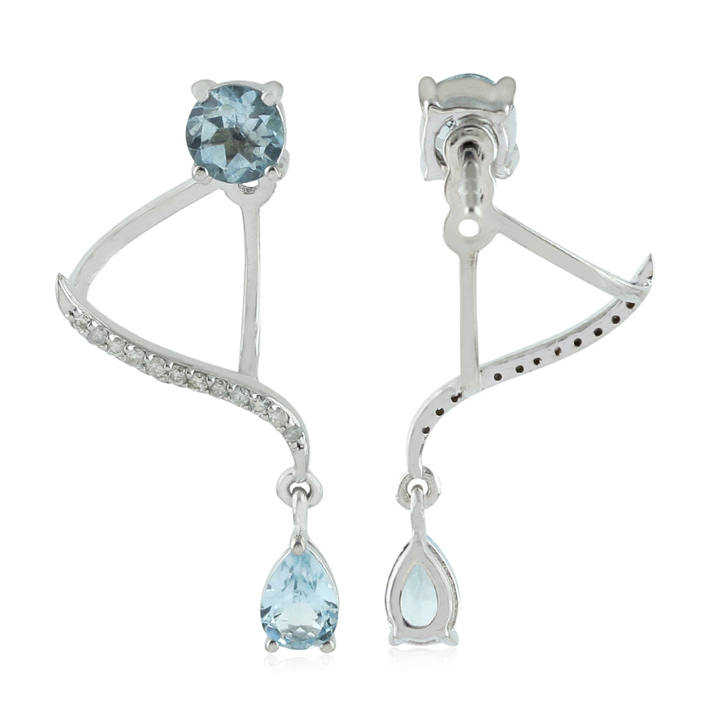 Blue Topaz Gemstone Pave Diamond Ear Jacket Earrings In 14K White Gold