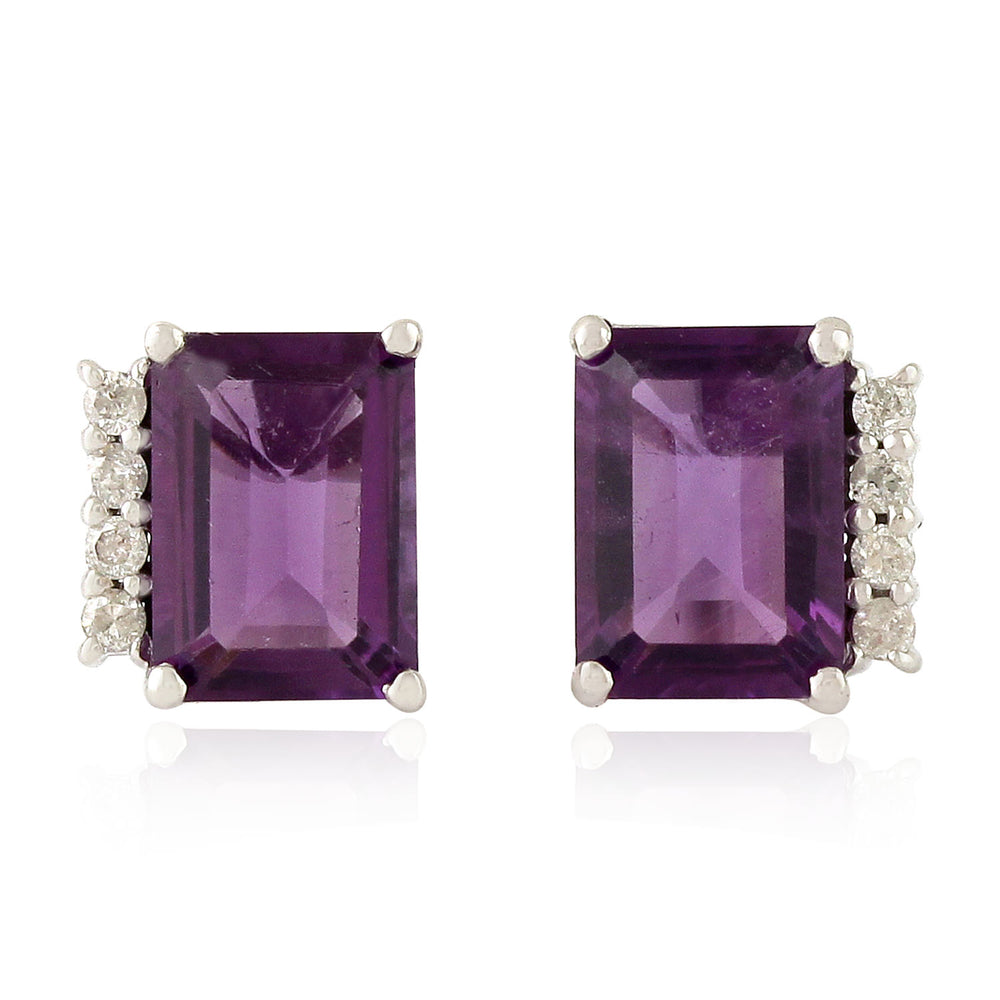 Emerald-Cut Amethyst & Diamond Accent Stud Earrings in 14K White Gold