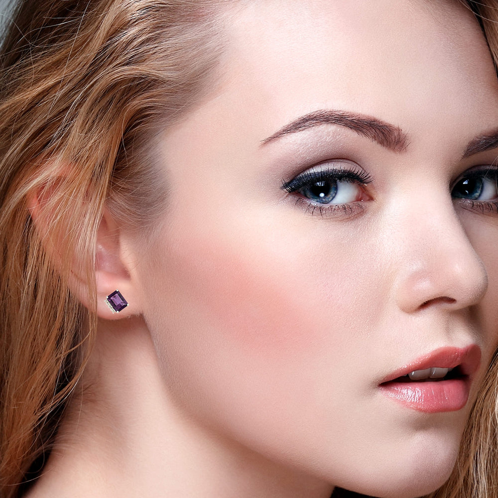 Emerald-Cut Amethyst & Diamond Accent Stud Earrings in 14K White Gold