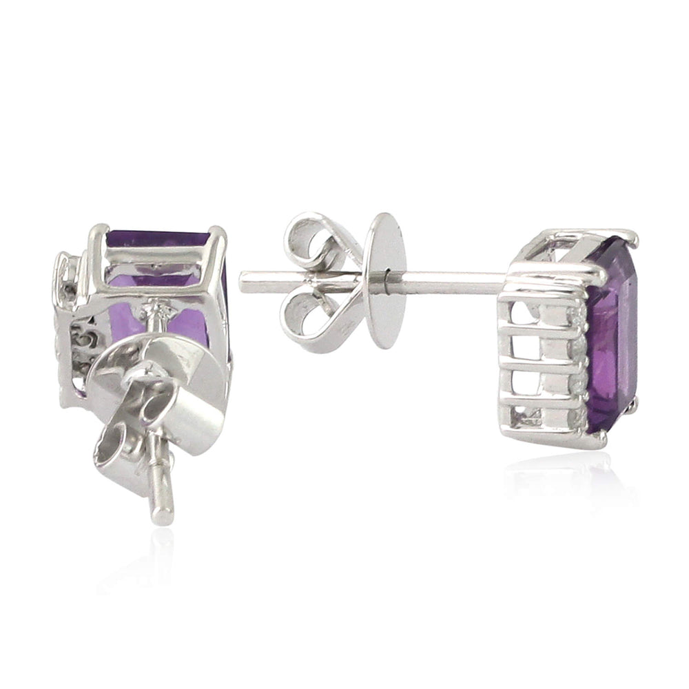 Emerald-Cut Amethyst & Diamond Accent Stud Earrings in 14K White Gold