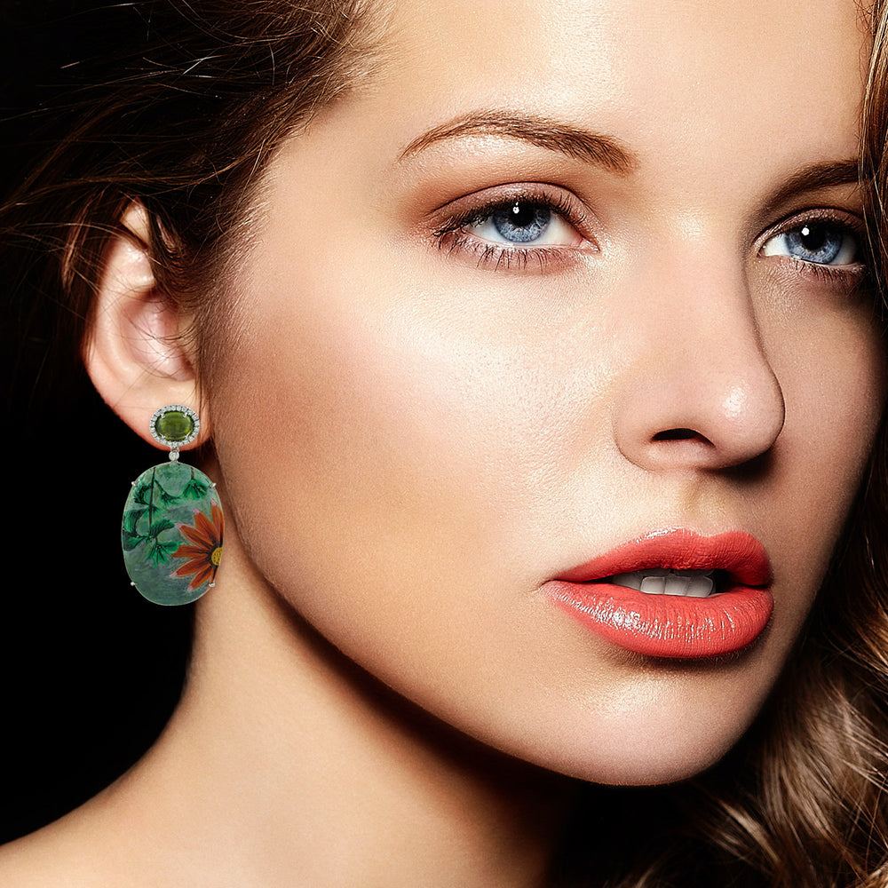 MOP Prong Peridot Pave Diamond Flower Enamel Dangler In 18K White Gold