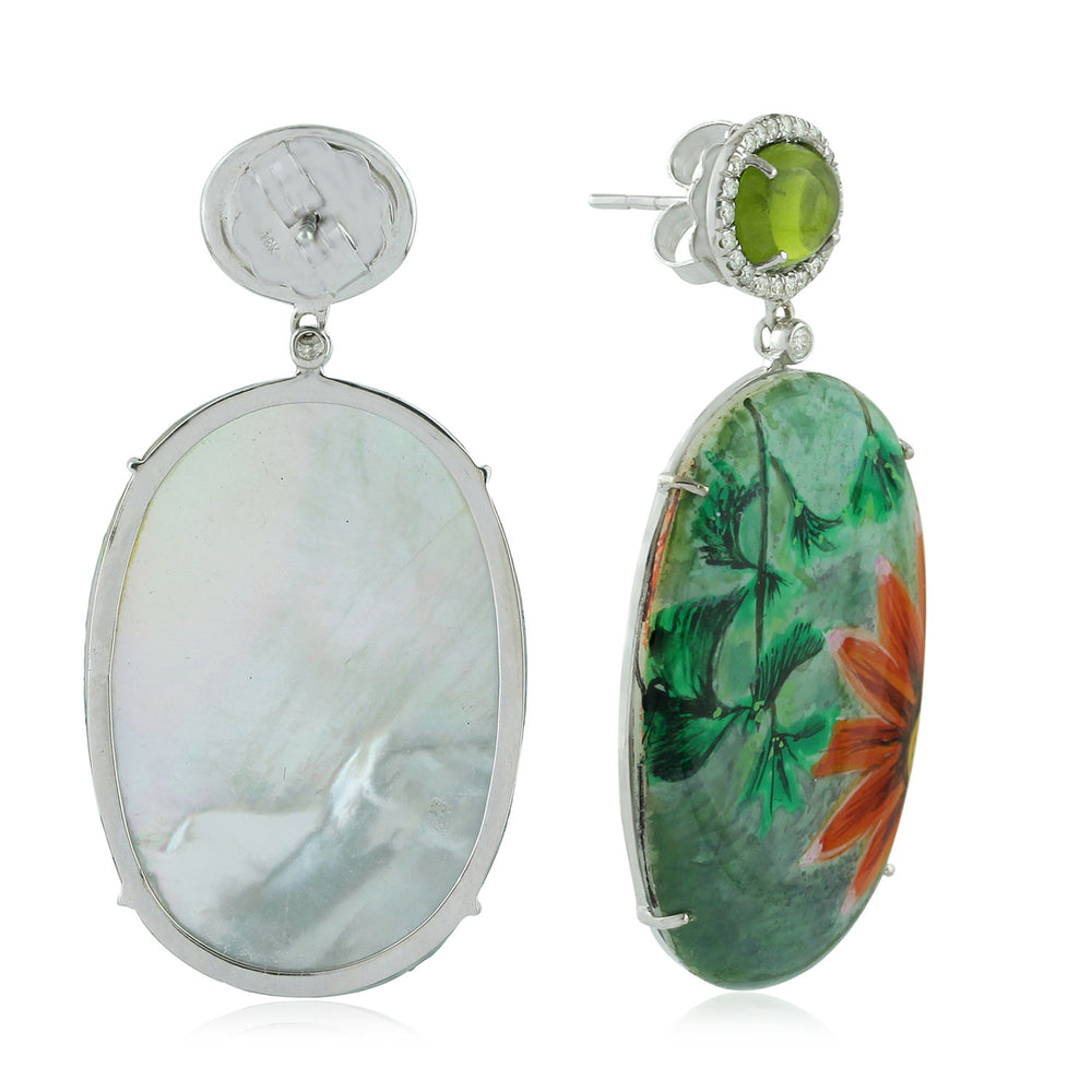 MOP Prong Peridot Pave Diamond Flower Enamel Dangler In 18K White Gold