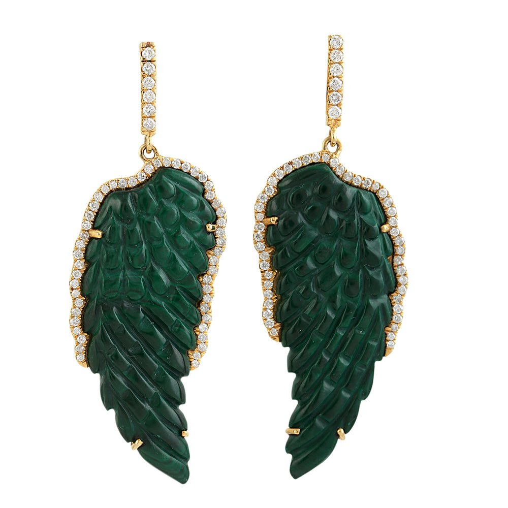 18K Yellow Gold Diamond & Carved Malachite Angel Wings Dangle Earrings