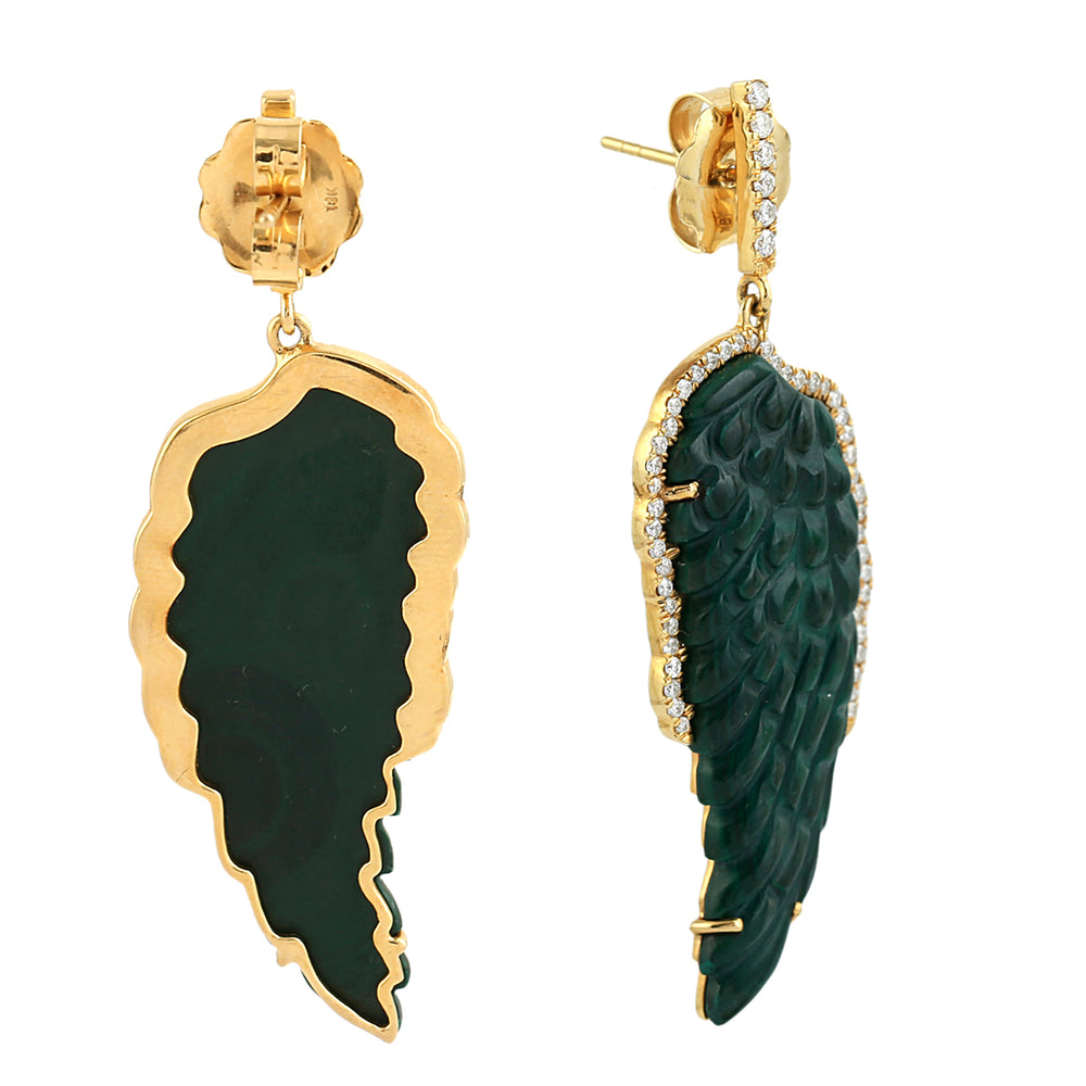 18K Yellow Gold Diamond & Carved Malachite Angel Wings Dangle Earrings