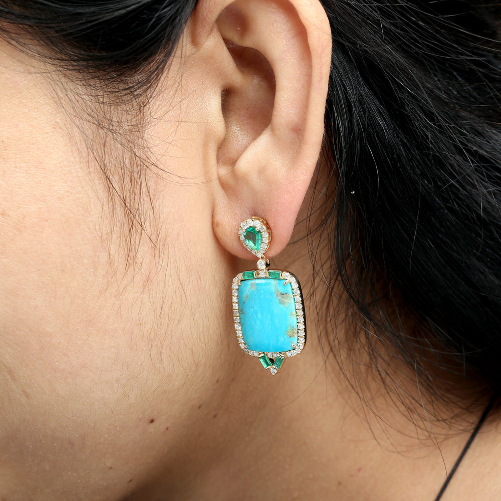 Turquoise, Emerald & Diamond Drop Earrings in 18K Yellow Gold