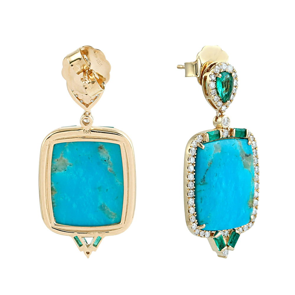 Turquoise, Emerald & Diamond Drop Earrings in 18K Yellow Gold