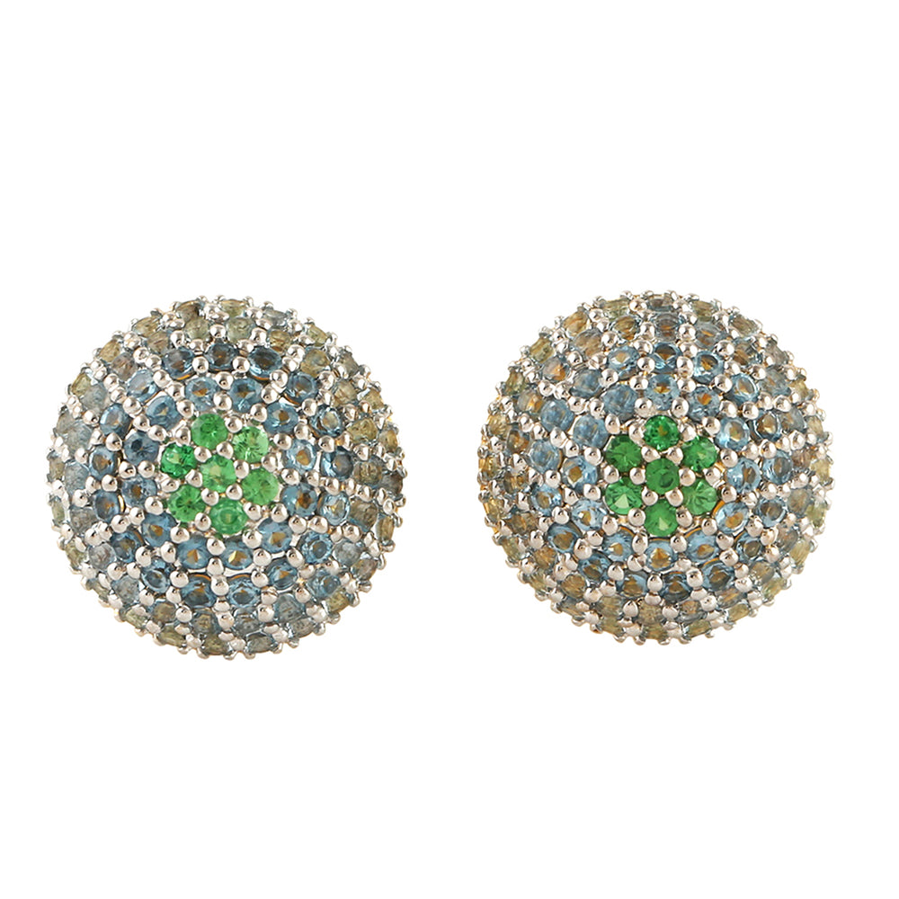Blue Topaz Pave Tsavorite Gemstone Stud Earrings In 14K White Gold For Her