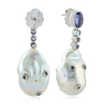 Round Tanzanite Bezel Tumble Pearl Chiness Gemstone Designer Dangler 18K White Gold