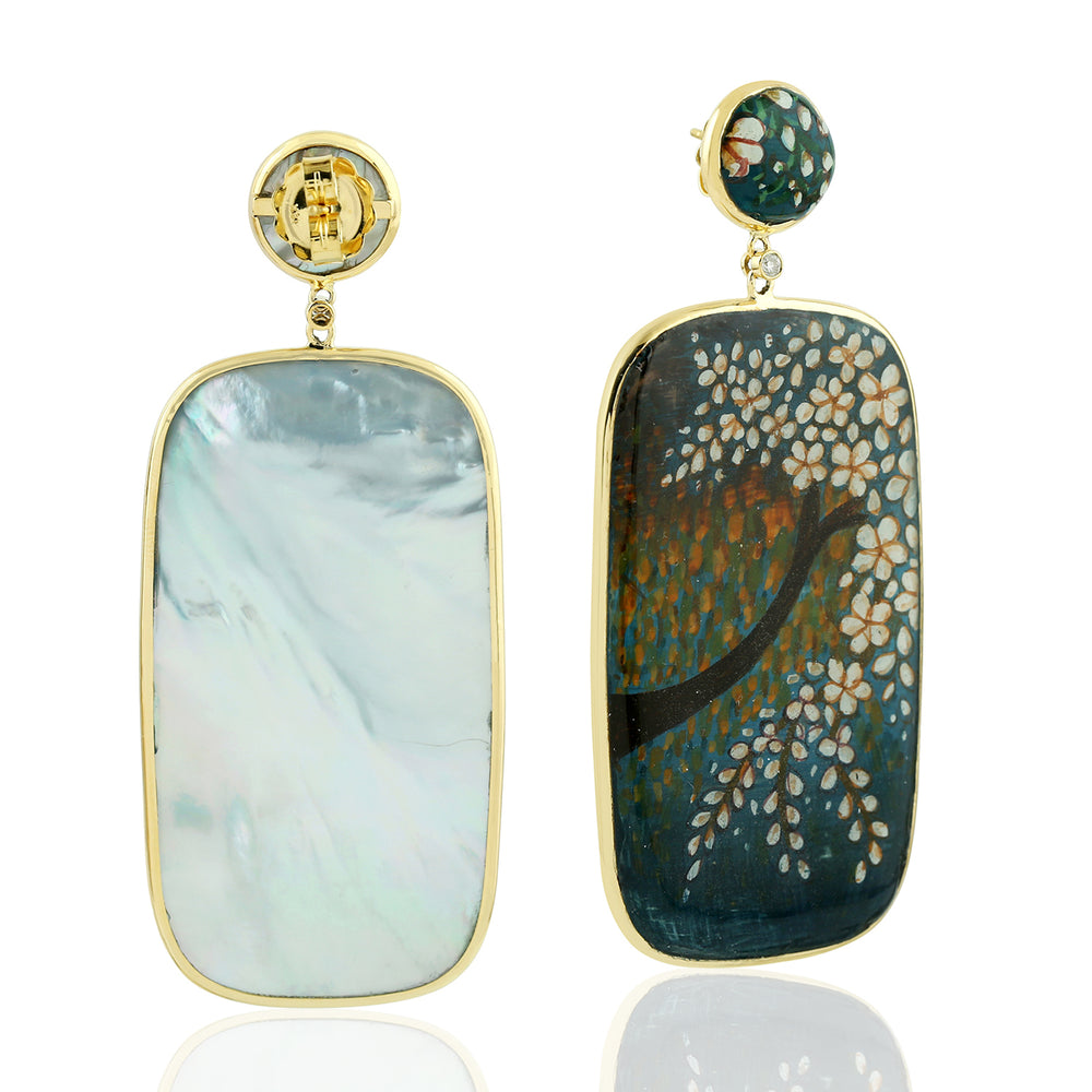 Cushion Cut MOP Prong Set Diamond Enamel Dangler In 18K Yellow Gold