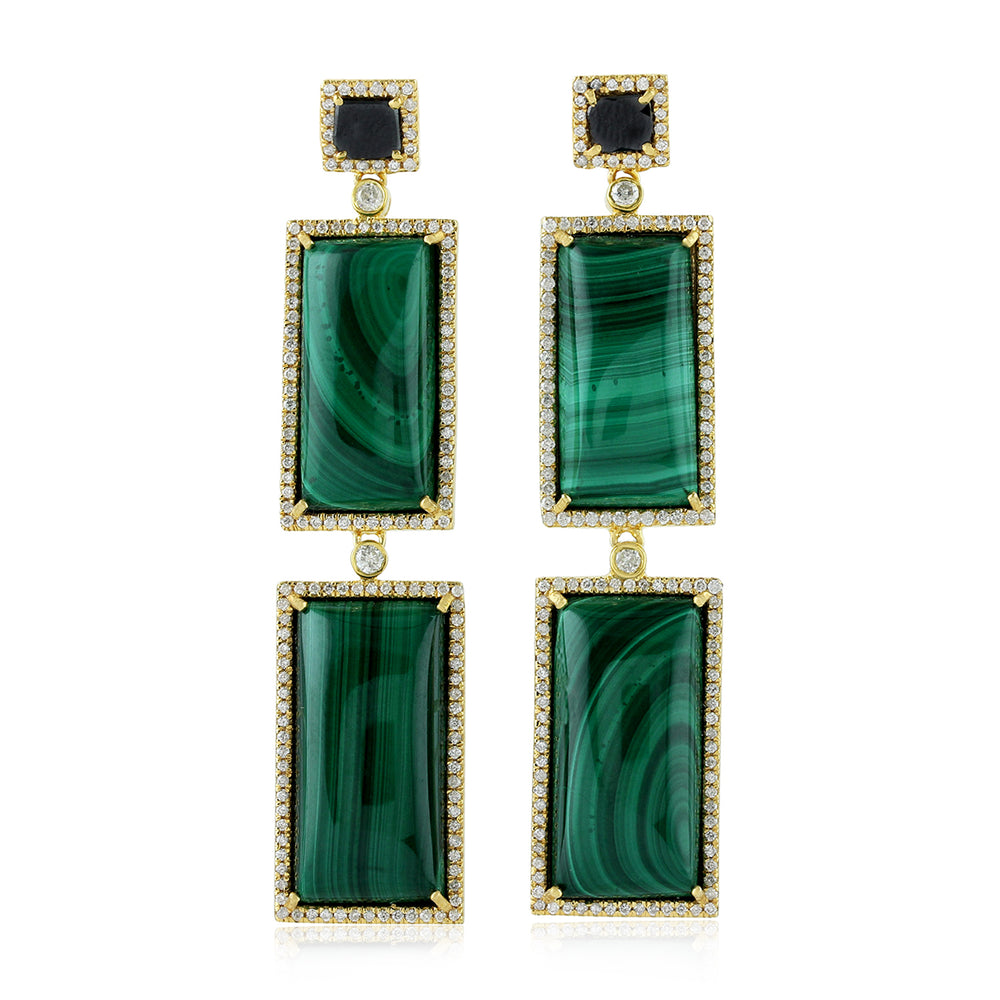 Baguette Cut Malachite Square Amethyst Pave Diamond Dangler In 18K Gold