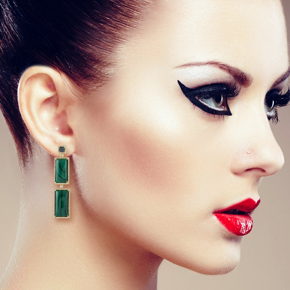 Baguette Cut Malachite Square Amethyst Pave Diamond Dangler In 18K Gold