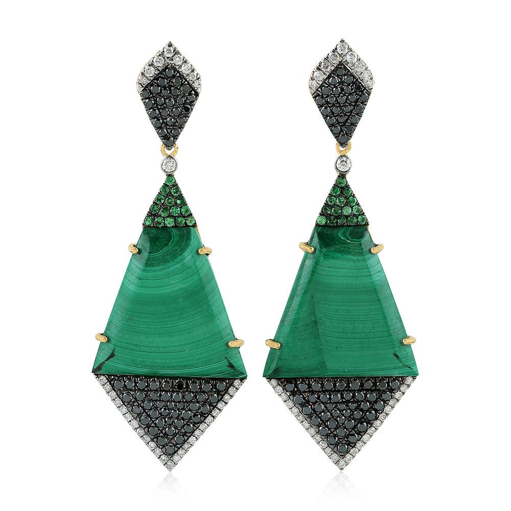 Fancy Cut Malachite Pave Tsavorite Micro Pave Black White Diamond Dangler In Gold