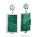 Natural Square Malachite Baguette Emerald Prong Diamond 18K White Gold Designer Dangler Gift