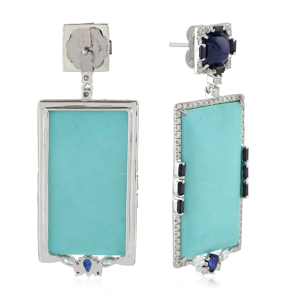 Natural Turquoise Baguette Blue Sapphire Prong Diamond Beautiful Wedding Dangler 18K White Gold