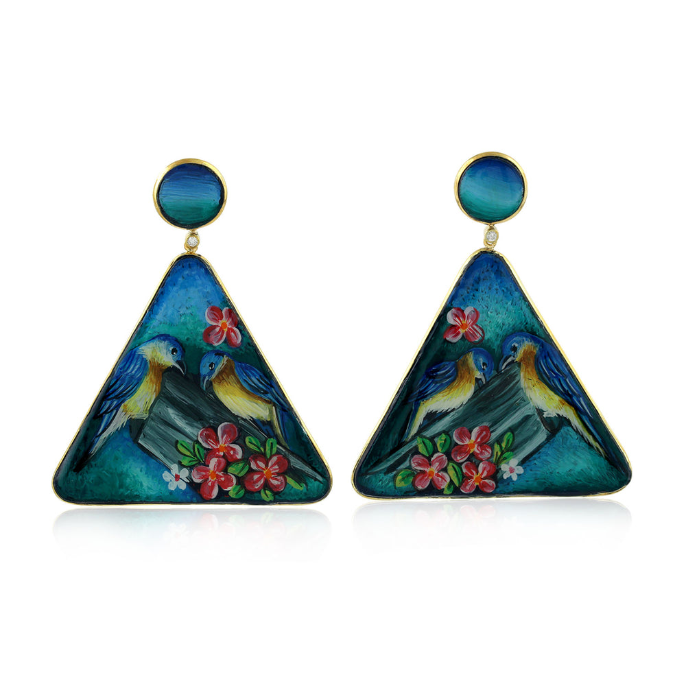 Picture Bakelite Prong Diamond Enamel Bird Triangle Dangler In Yellow Gold